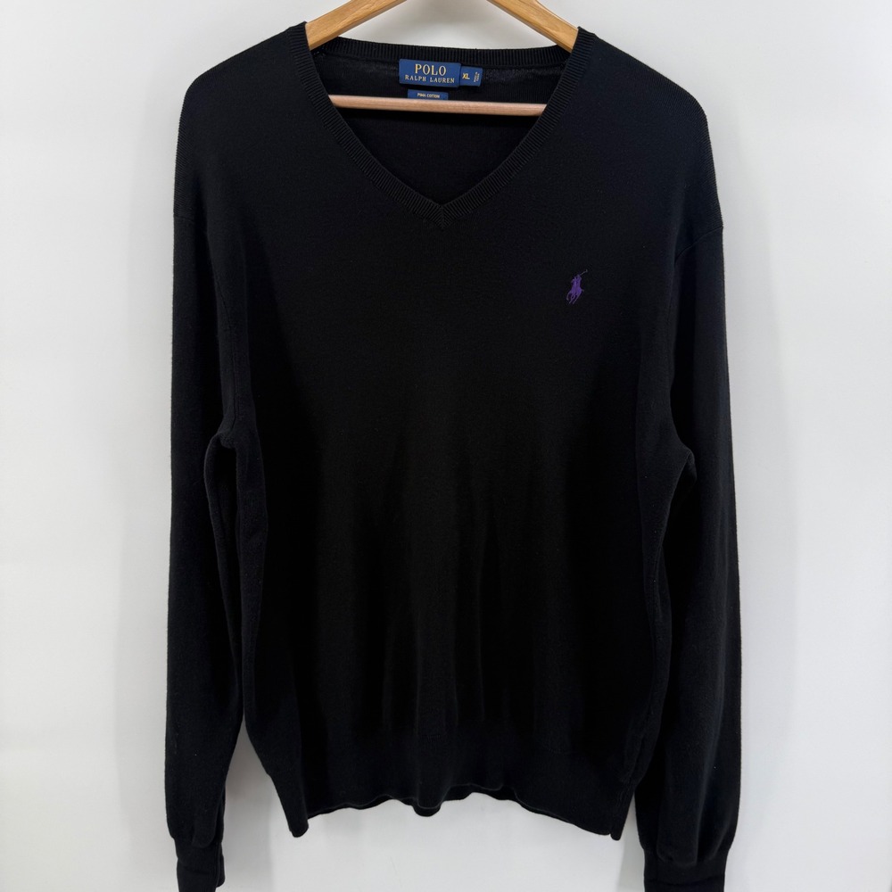 Polo Ralph Lauren Mens XL Black Pima Cotton V-Neck Sweater Purple Pony Logo